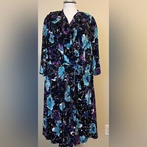 Lane Bryant Black Blue Wrap Floral Dress (Tie Waist pullover )
